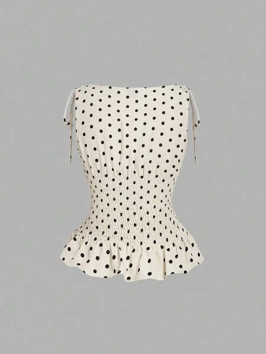 Womens Polka Dot Sleeveless Smocked Top With Ruffle Hem
Womens Polka Dot Sleeveless Smocked Top With Ruffle Hem