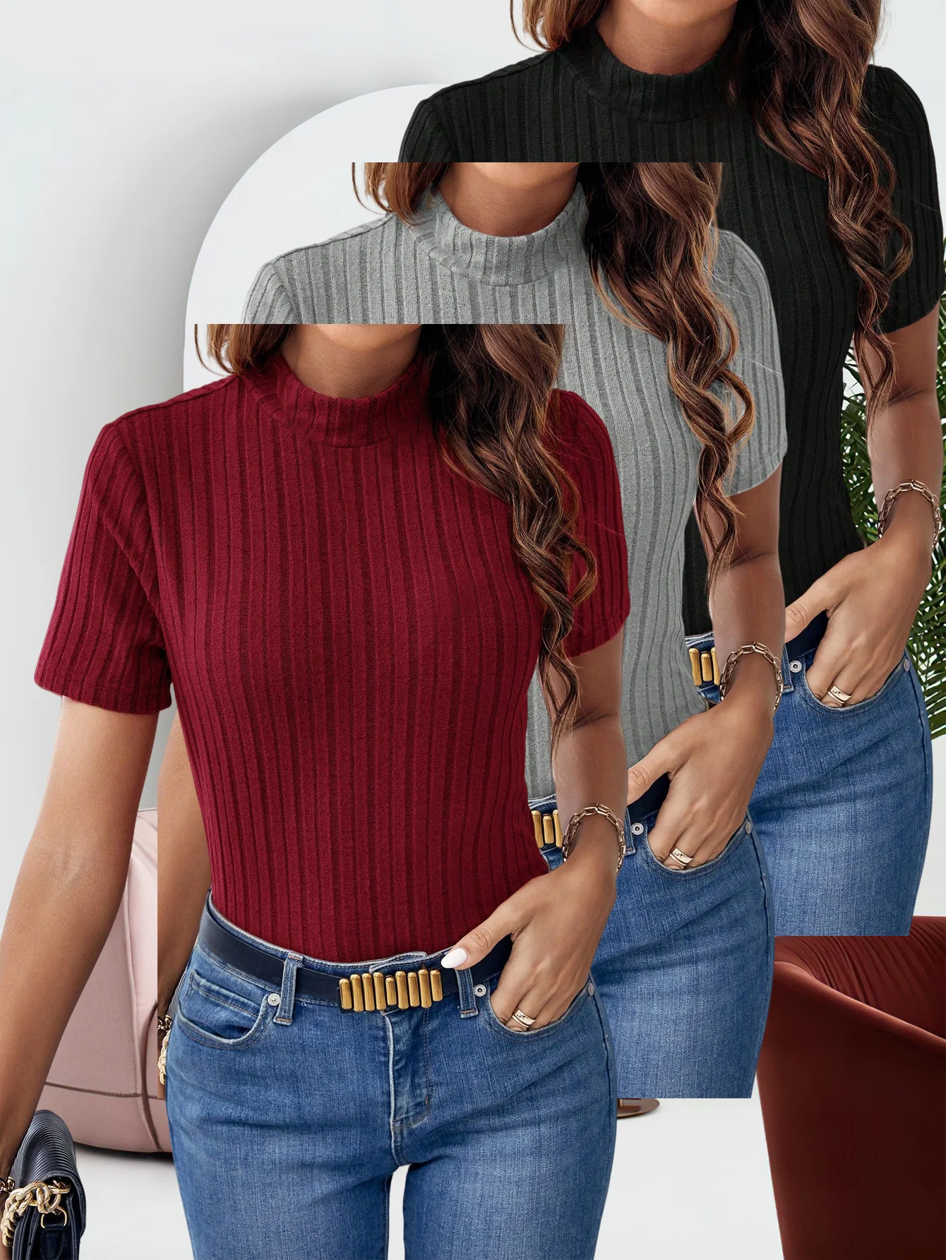 3 Pack Women Mock Neck Vertical Ribbed Knit Short Sleeve T Shirts Slim Fitted Basic Pullover Tees Versatile Casual Tops For Jean
3 Pack Women Mock Neck Vertical Ribbed Knit Short Sleeve T Shirts Slim Fitted Basic Pullover Tees Versatile Casual Tops For Jean