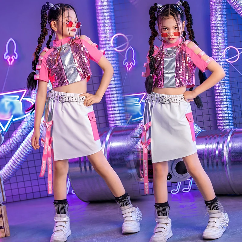 Kid Jazz Dance Costumes Girls K-pop Stage Outfit Pink Sequin Crop Top White Skirt School Show Performance Suit Streetwear 2458
Kid Jazz Dance Costumes Girls K-pop Stage Outfit Pink Sequin Crop Top White Skirt School Show Performance Suit Streetwear 2458