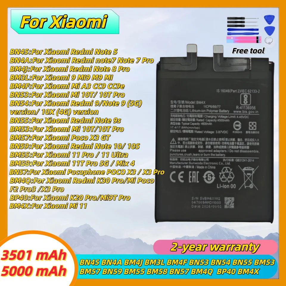 New lithium Battery For Xiaomi MI Redmi Note K20 K30 Pro 5 7 8 9 9S 9T 10 10X 10T 10X 11T 11 Ultra 11T POCO X3 F2 4X Pro
New lithium Battery For Xiaomi MI Redmi Note K20 K30 Pro 5 7 8 9 9S 9T 10 10X 10T 10X 11T 11 Ultra 11T POCO X3 F2 4X Pro