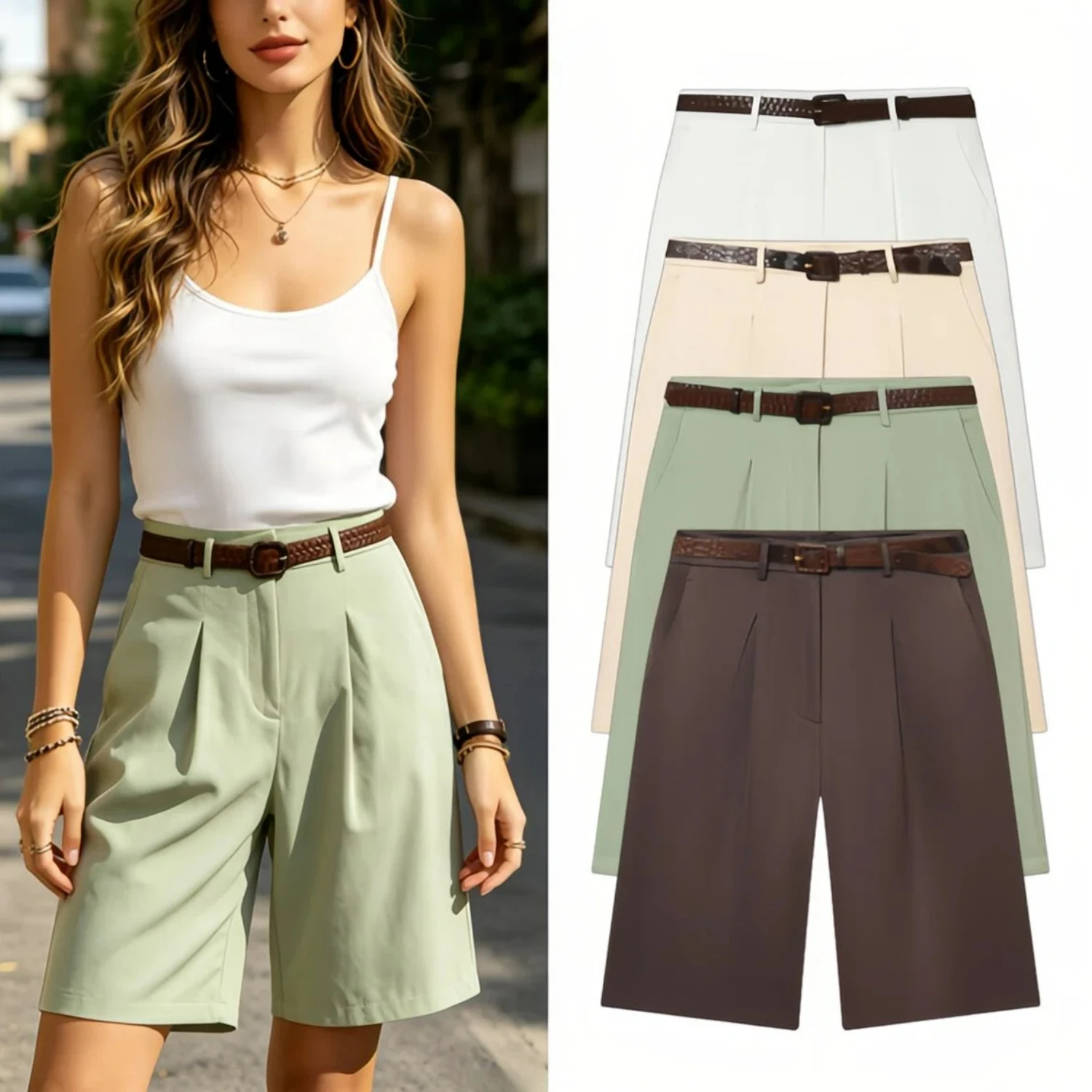 Casual Women's High Waist Mini Shorts Summer Female Wide Leg Shorts With Belt Elegant Lady Knee Length Short Pants
Casual Women's High Waist Mini Shorts Summer Female Wide Leg Shorts With Belt Elegant Lady Knee Length Short Pants