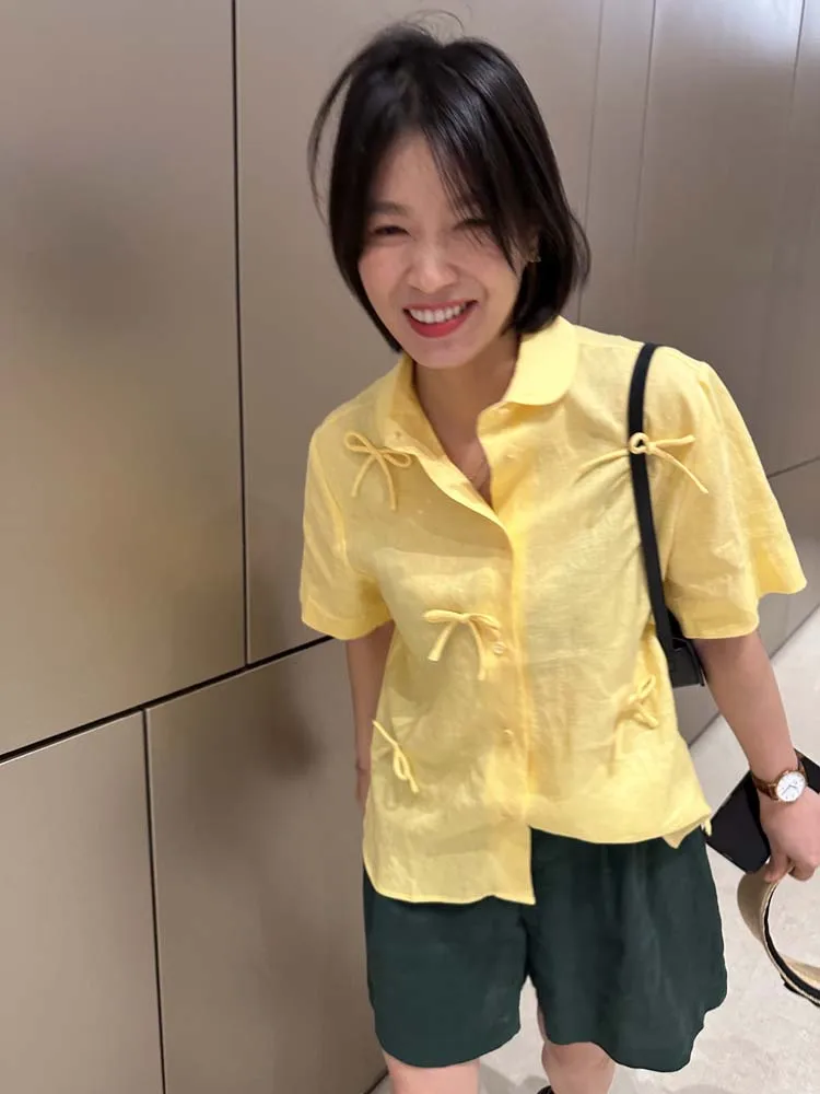 Льняная блузка свободного кроя с узелковым дизайном, женская летняя тонкая блузка с защитой от УФ-излучения, с коротким рукавом и классическим воротником
Льняная блузка свободного кроя с узелковым дизайном, женская летняя тонкая блузка с защитой от УФ-излучения, с коротким рукавом и классическим воротником