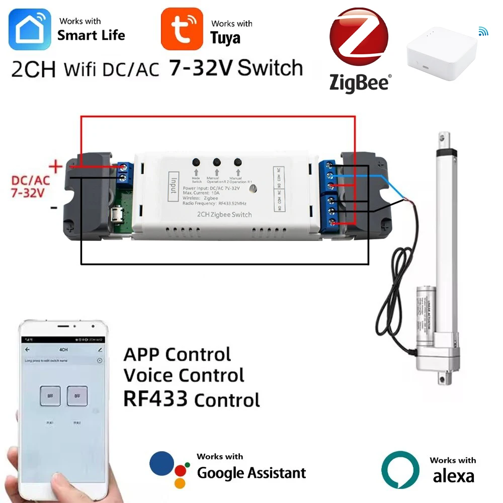 2 канала Zigbee Smart Wifi электрический линейный привод контроллер двигателя, DC AC 12V 24V переключатель, RF433 пульт, 2CH импульсный релейный модуль
2 канала Zigbee Smart Wifi электрический линейный привод контроллер двигателя, DC AC 12V 24V переключатель, RF433 пульт, 2CH импульсный релейный модуль
