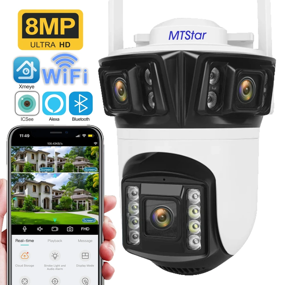 Бренд MTStar 8MP HD Трехэкранная беспроводная PTZ-камера с тремя объективами, водонепроницаемая камера безопасности с искусственным интеллектом для обнаружения человека iCsee App
Бренд MTStar 8MP HD Трехэкранная беспроводная PTZ-камера с тремя объективами, водонепроницаемая камера безопасности с искусственным интеллектом для обнаружения человека iCsee App