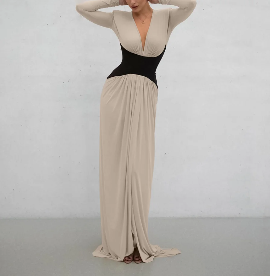 Summer New French Elegant Sexy Style Color Blocked Deep V-Neck Waist Cover Design High Waist Split Women's Party Dress
Summer New French Elegant Sexy Style Color Blocked Deep V-Neck Waist Cover Design High Waist Split Women's Party Dress