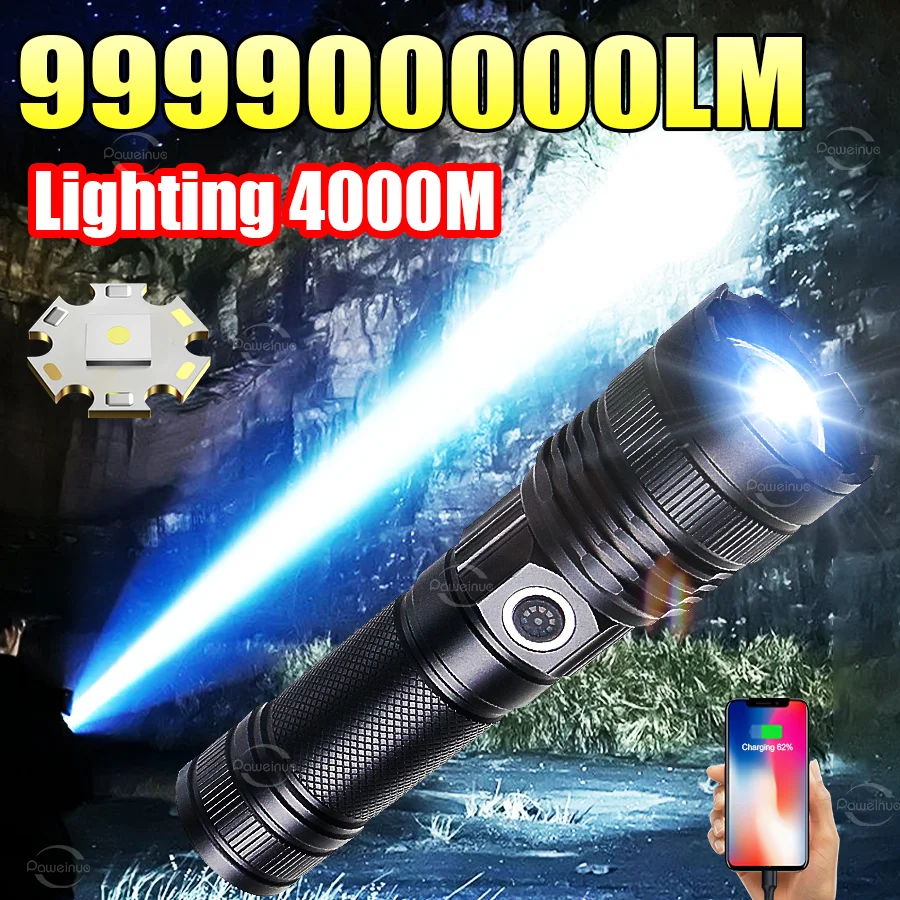 99990000LM Powerful LED Flashlight Rechargeable Long Range 4 KM Flashlights Super Bright Tactical Torch Camping Fishing Lantern
99990000LM Powerful LED Flashlight Rechargeable Long Range 4 KM Flashlights Super Bright Tactical Torch Camping Fishing Lantern