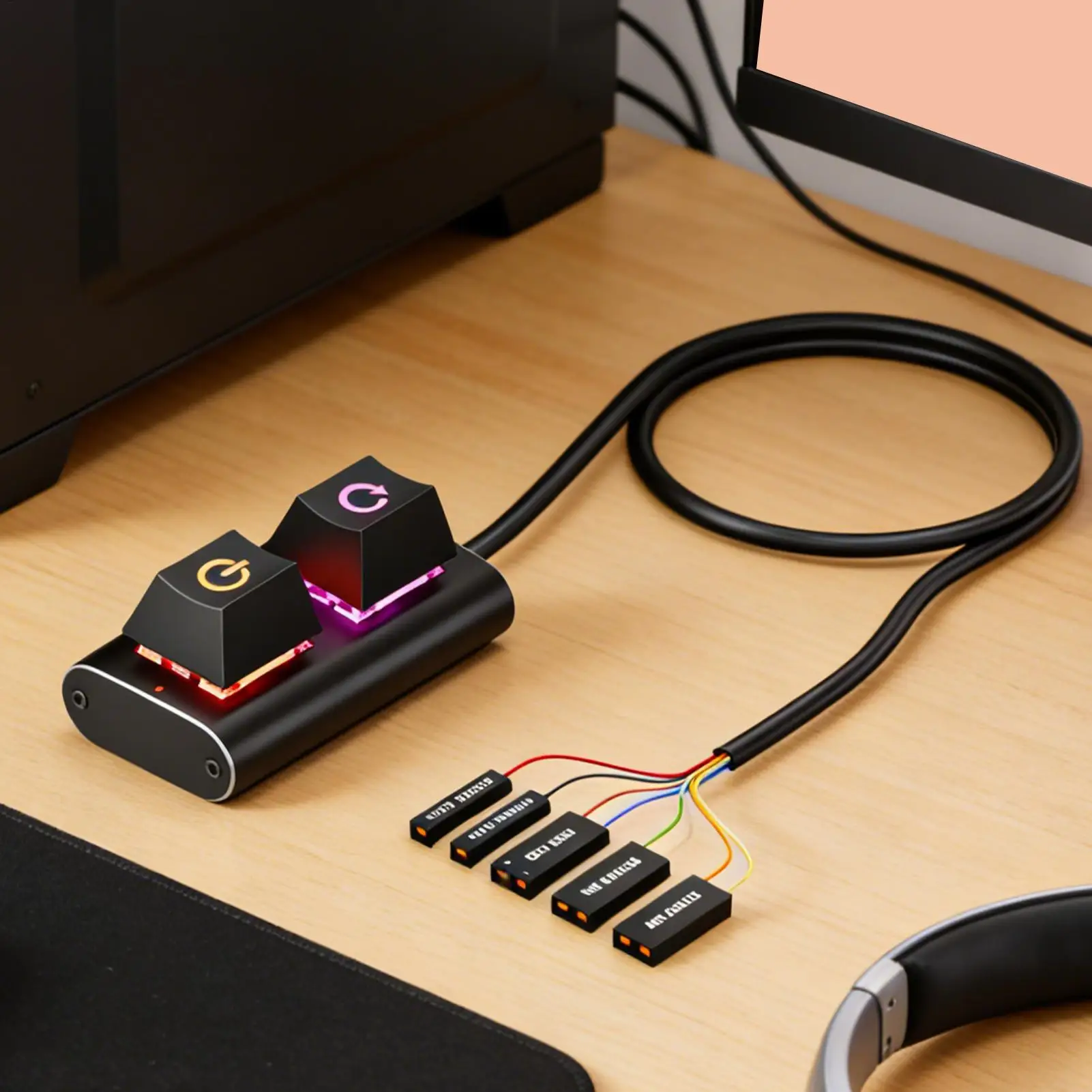 PC Power Button Extension RGB LED 2-Key Replacement Parts Computer Power Button Extension Cable For Home Office Motherboard Play