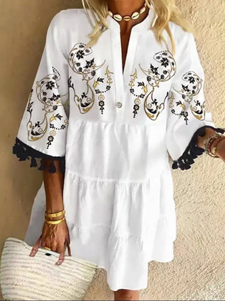 Spring Summer Fashion Tassel Mini Dress Woman 2025 Vintage Print V Neck 3/4 Sleeve Party Dresses Women Casual Loose Beach Dress
Spring Summer Fashion Tassel Mini Dress Woman 2025 Vintage Print V Neck 3/4 Sleeve Party Dresses Women Casual Loose Beach Dress
