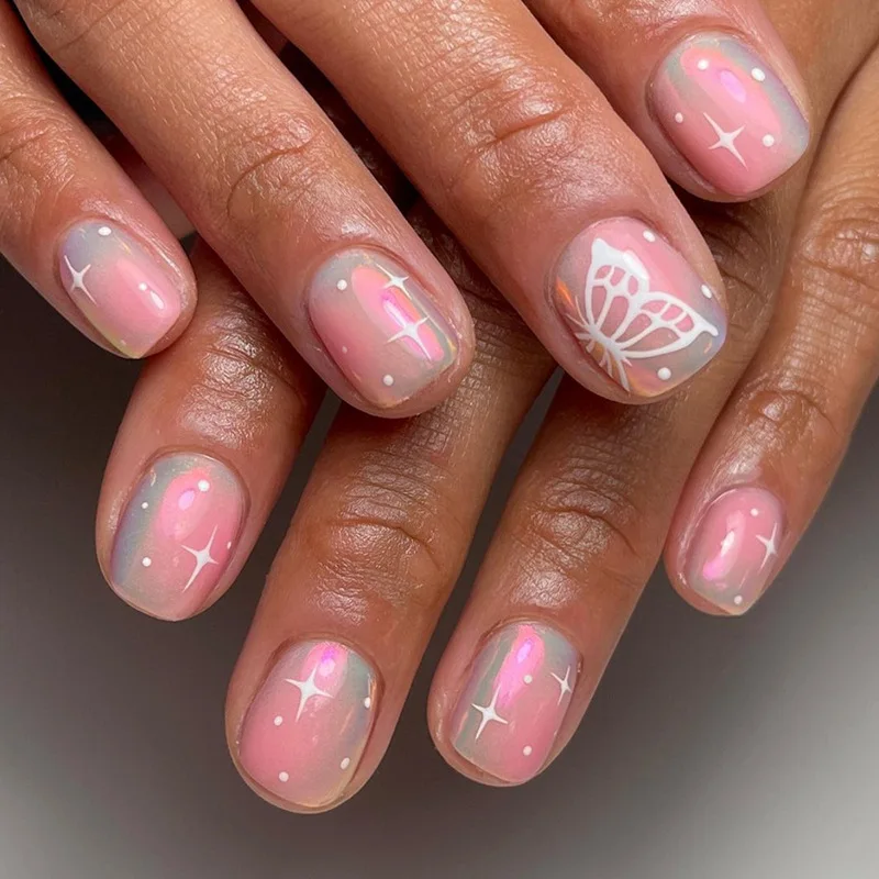 24pcs Aurora Blush Press-On Nails - Sparkling Butterfly Design Short Square Shape (Multi Sizes) False Nails With Wearing Tools
24pcs Aurora Blush Press-On Nails - Sparkling Butterfly Design Short Square Shape (Multi Sizes) False Nails With Wearing Tools