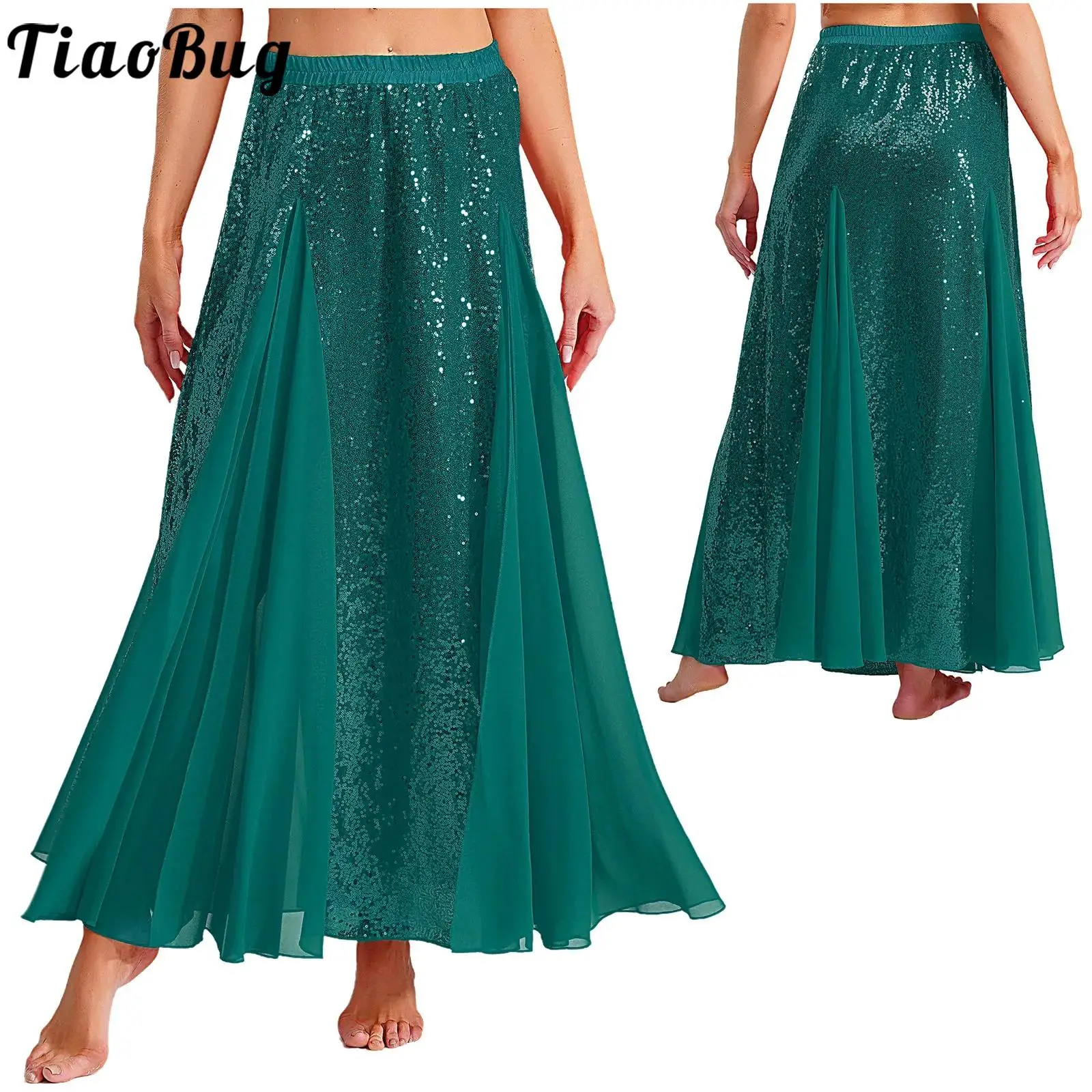 Women Ballroom Belly Dance Long Skirts Elastic Waistband Sides Split Flared Skirts Shiny Sequins Practice Performance Costume
Women Ballroom Belly Dance Long Skirts Elastic Waistband Sides Split Flared Skirts Shiny Sequins Practice Performance Costume