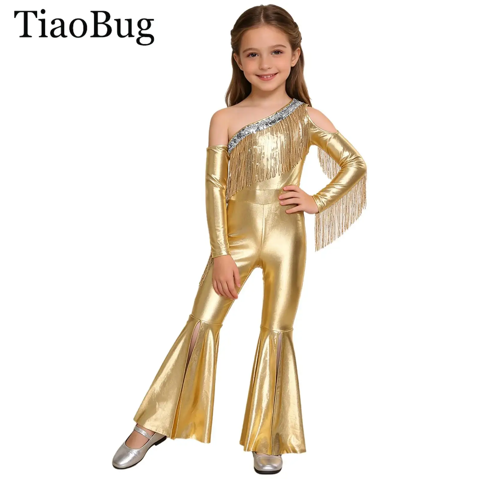 Girls 70S Disco Metallic Shiny Hippie Jumpsuit One Shoulder Sleeve Sequin Tassel Pageant Romper Bell Bottom Jazz Dance Bodysuit
Girls 70S Disco Metallic Shiny Hippie Jumpsuit One Shoulder Sleeve Sequin Tassel Pageant Romper Bell Bottom Jazz Dance Bodysuit