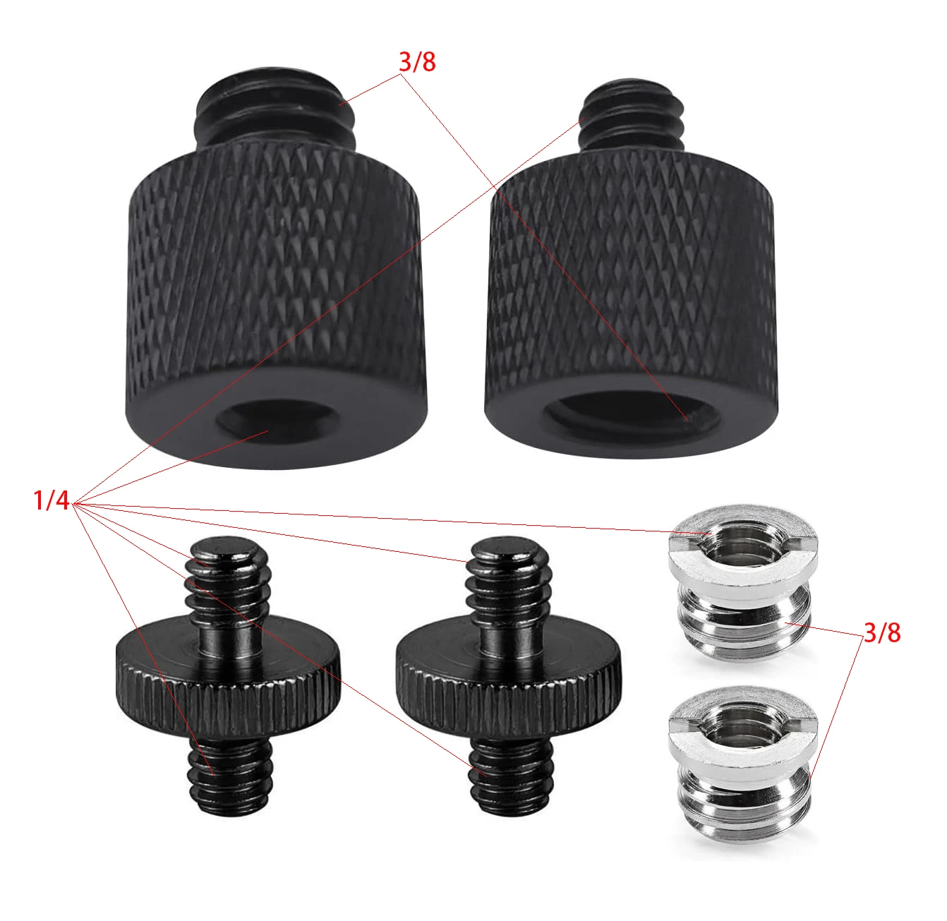 6 pieces Threaded Tripod Screw Adapters Double Head Stud Standard Mounting Thread Converter 1/4" Male to 3/8" Female Adapter Set
6 pieces Threaded Tripod Screw Adapters Double Head Stud Standard Mounting Thread Converter 1/4" Male to 3/8" Female Adapter Set