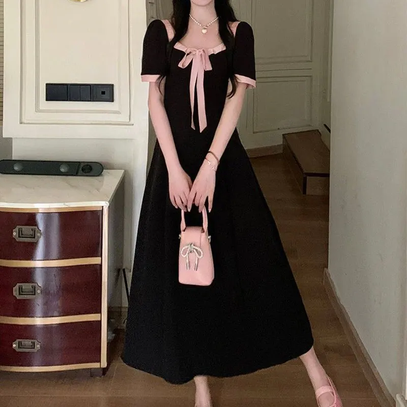 Fashion Bow Drawstring Long Dress Summer New French Style Square Collar Female Clothing Sweet Vintage Contrasting Colors Dresses
Fashion Bow Drawstring Long Dress Summer New French Style Square Collar Female Clothing Sweet Vintage Contrasting Colors Dresses