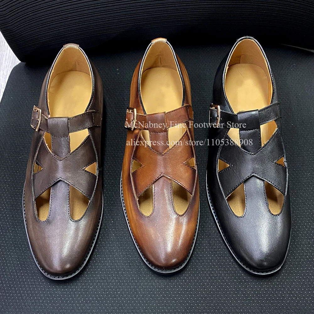 Brown Burnished Cutout Men Leather Sandals Round Toe Buckle Strap Dress Sandals Casual Business Formal Slip on Shoes for Men
Brown Burnished Cutout Men Leather Sandals Round Toe Buckle Strap Dress Sandals Casual Business Formal Slip on Shoes for Men