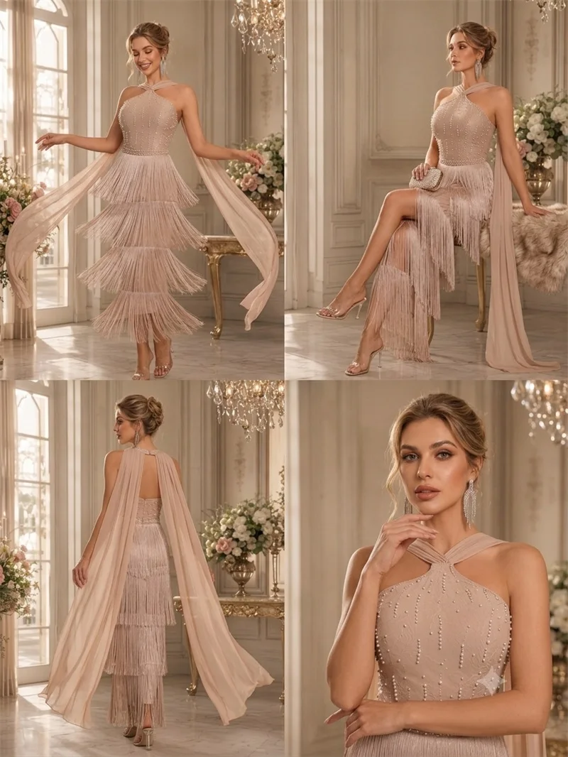 Beige Tassel Pearls Prom Dress Sexy Scarf Sleeveless Long Sheath Party Gown Holiday Beach Formal Wedding Birthday Evening Robe
Beige Tassel Pearls Prom Dress Sexy Scarf Sleeveless Long Sheath Party Gown Holiday Beach Formal Wedding Birthday Evening Robe