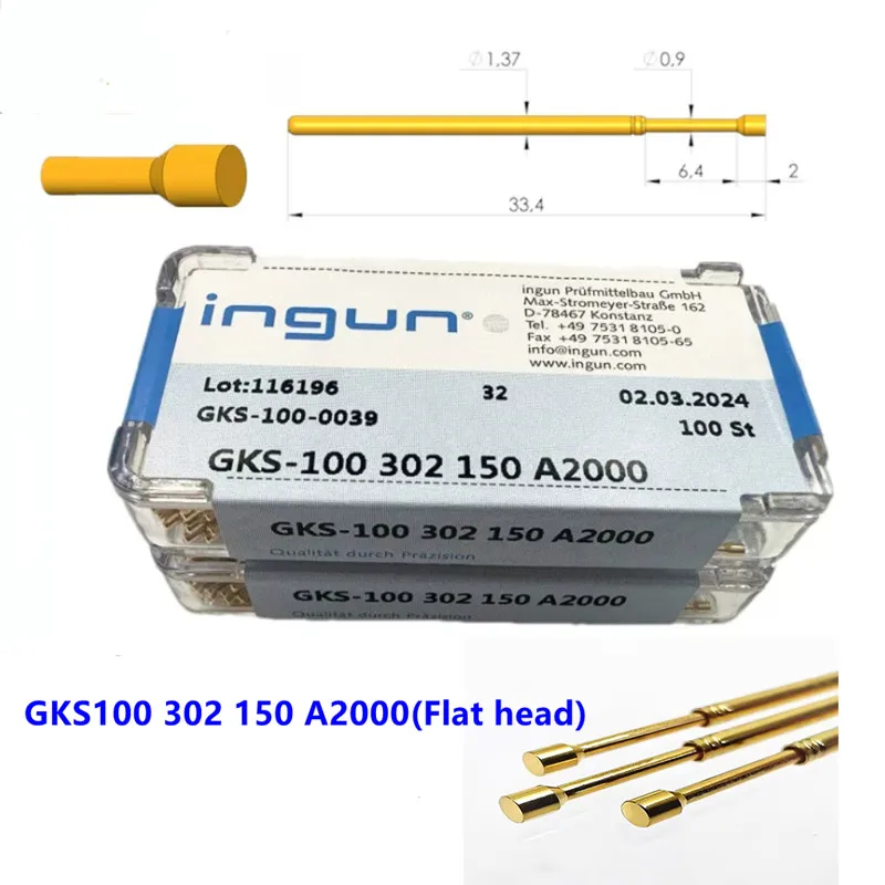 100PCS INGUN Probe GKS100 302 150 A2000/A3000 Flat Head Spring Test Probe Outer Diameter 1.36mm Length 33.35mm For ICT Testing
100PCS INGUN Probe GKS100 302 150 A2000/A3000 Flat Head Spring Test Probe Outer Diameter 1.36mm Length 33.35mm For ICT Testing