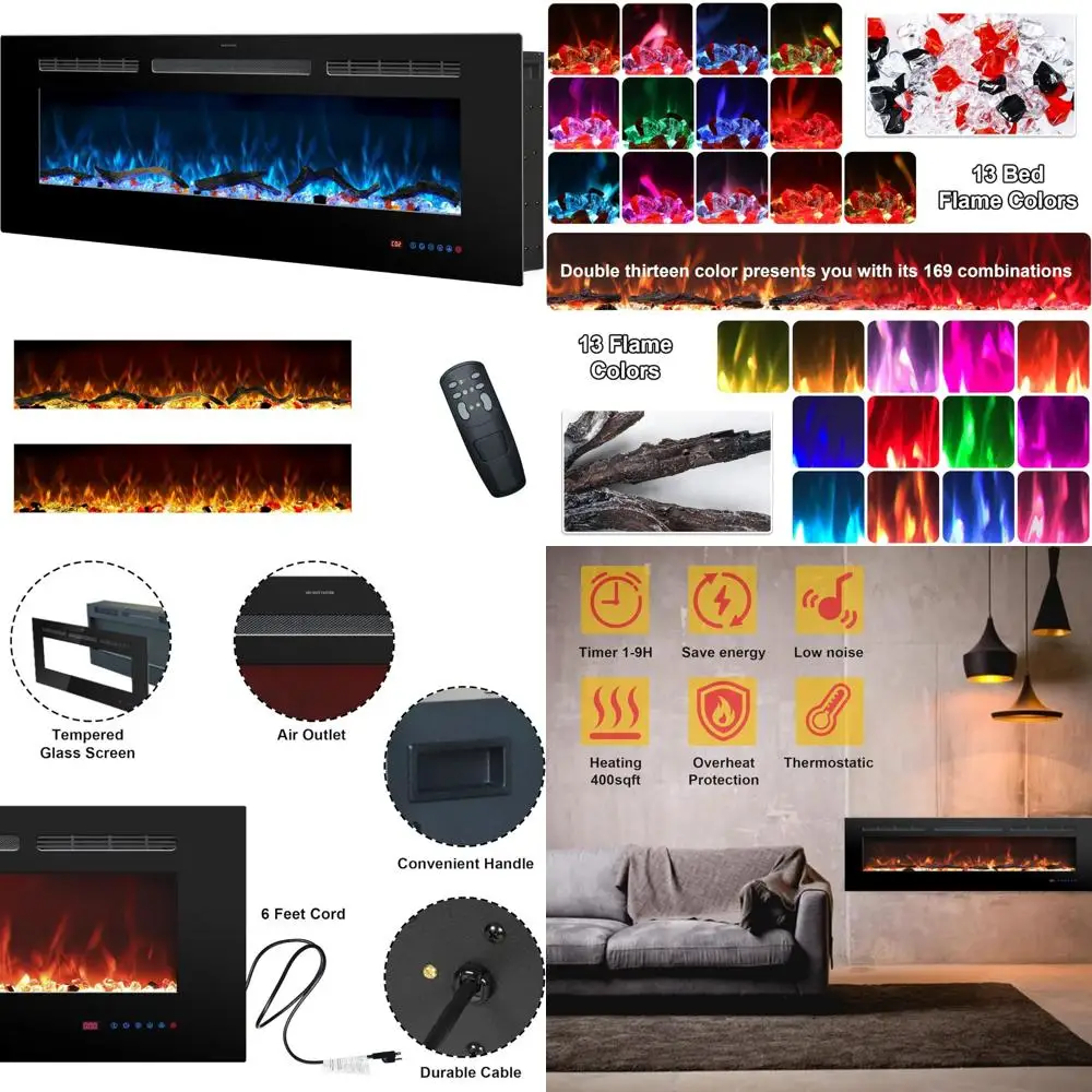 48-Inch Electric Fireplace Insert: Recessed & Wall-Mounted Indoor Heater with Remote Control and 13 Color Flame Options
48-Inch Electric Fireplace Insert: Recessed & Wall-Mounted Indoor Heater with Remote Control and 13 Color Flame Options