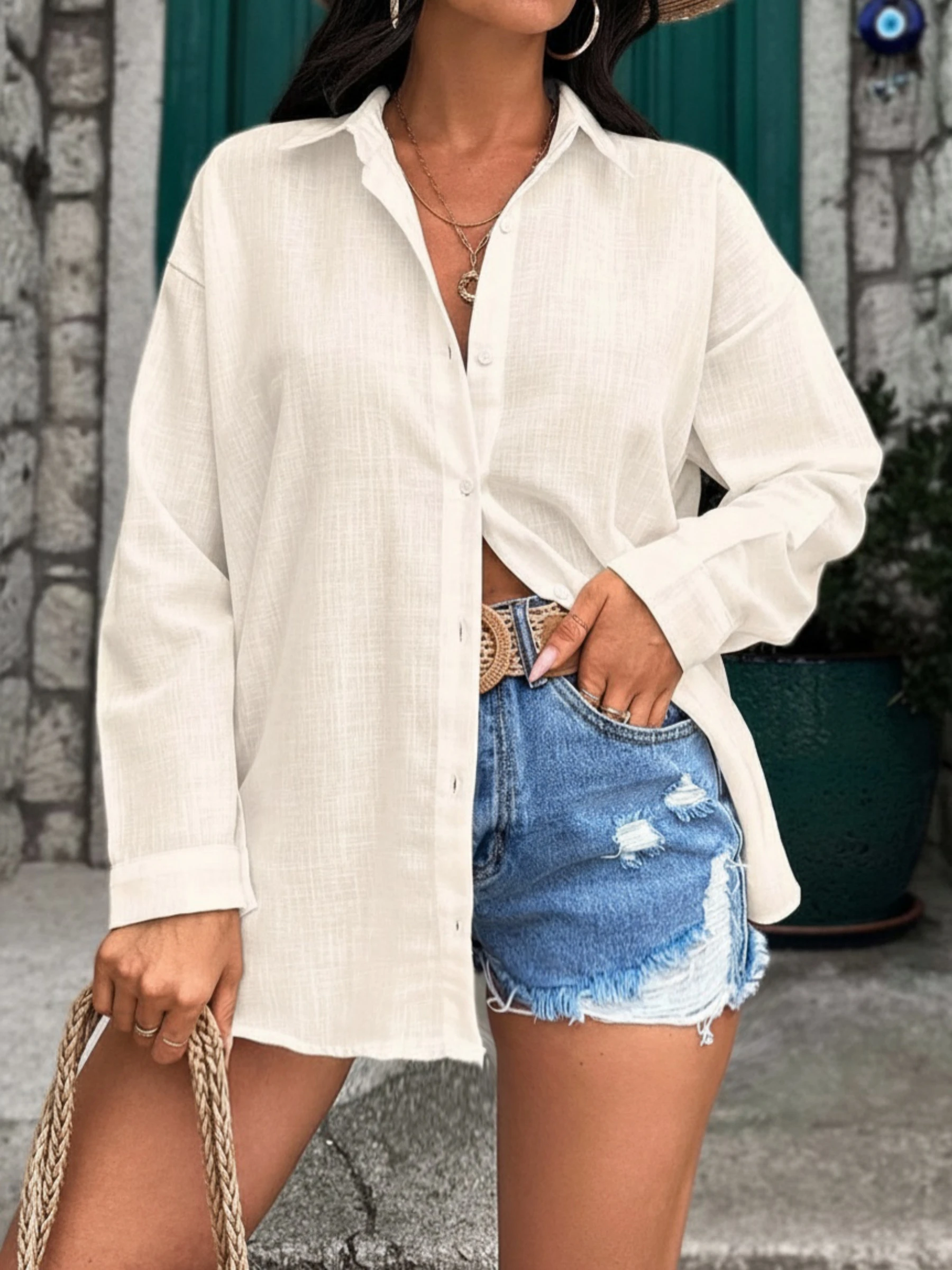Pure cotton women's shirt, retro casual style blouse, single-breasted drop shoulder design, sheer women's top
Pure cotton women's shirt, retro casual style blouse, single-breasted drop shoulder design, sheer women's top