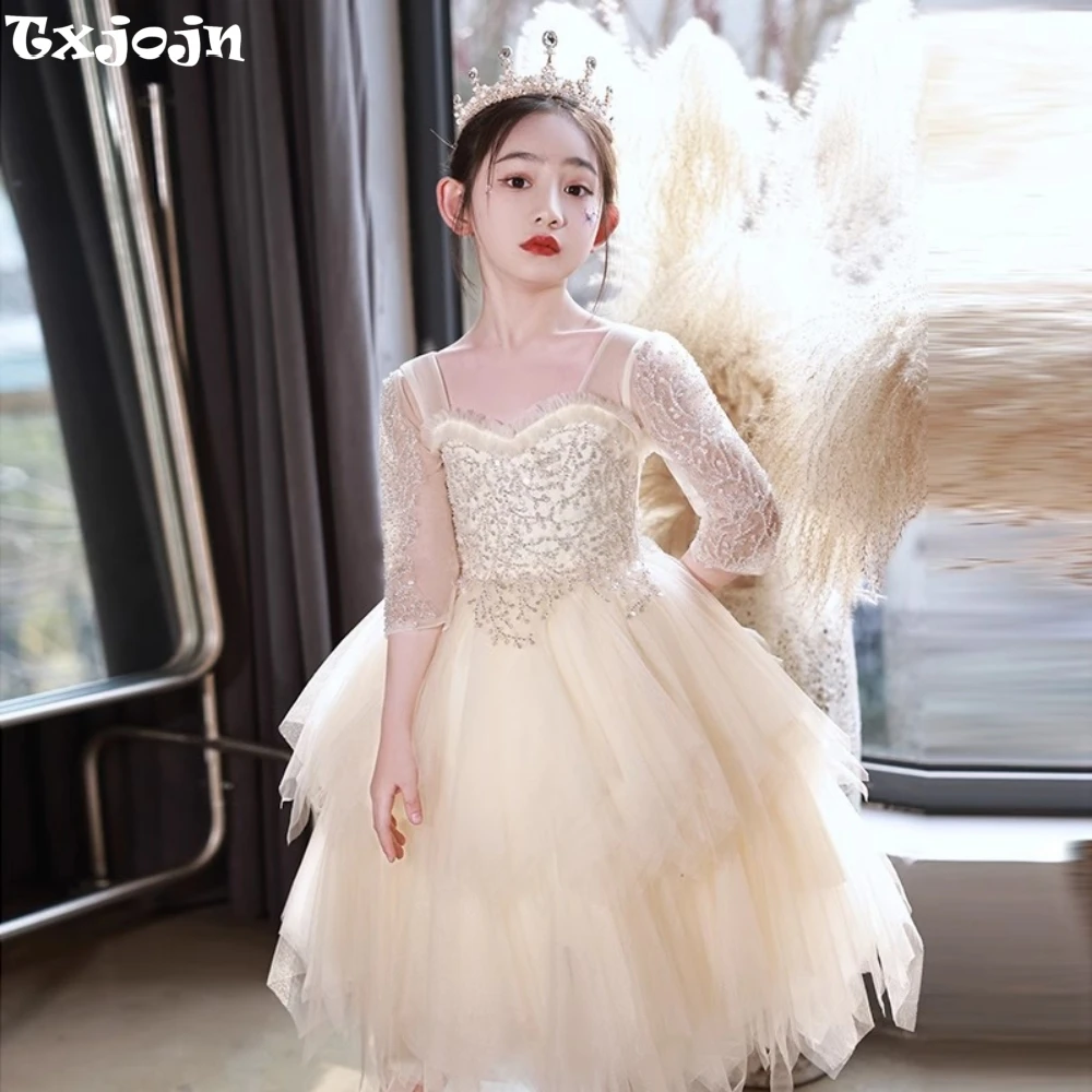 Cute Girls Dresses Quarter Sleeve Lace Up School Graduation Ceremony Sequined Beadings Tulle Princess Gown Kids Wedding Clothes
Cute Girls Dresses Quarter Sleeve Lace Up School Graduation Ceremony Sequined Beadings Tulle Princess Gown Kids Wedding Clothes