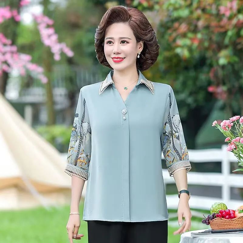 Middle Age Women Shirts And Tops Fashion Summer Mother Sets Half Sleeve T-shirt + Pants 2 Pieces Female Chiffon Blouse Suits
Middle Age Women Shirts And Tops Fashion Summer Mother Sets Half Sleeve T-shirt + Pants 2 Pieces Female Chiffon Blouse Suits