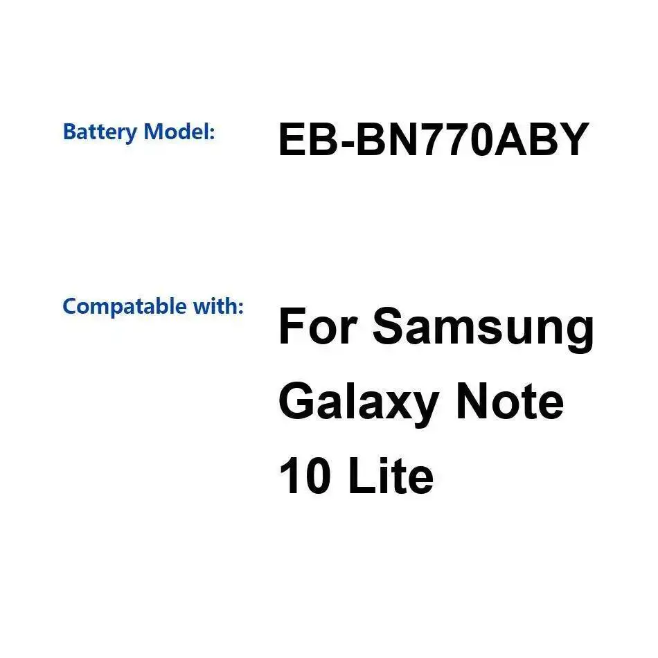 EB-BN770ABY Надежная сменная батарея для мобильного телефона 4500 мАч, стабильная для Samsung Galaxy Note 10 Lite
EB-BN770ABY Надежная сменная батарея для мобильного телефона 4500 мАч, стабильная для Samsung Galaxy Note 10 Lite