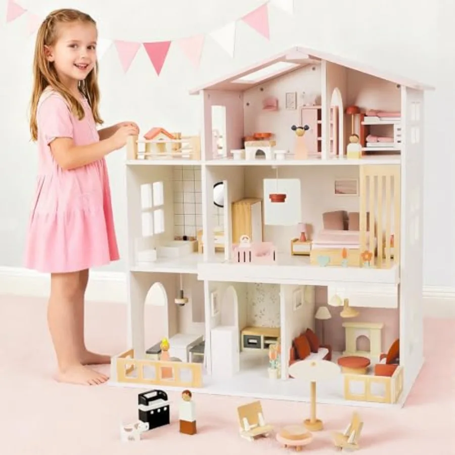 ' wooden dollhouse playset for pretend play, natural wood tone, 8-room design with 81-pc furniture, dolls pets, durable DIY toy
' wooden dollhouse playset for pretend play, natural wood tone, 8-room design with 81-pc furniture, dolls pets, durable DIY toy