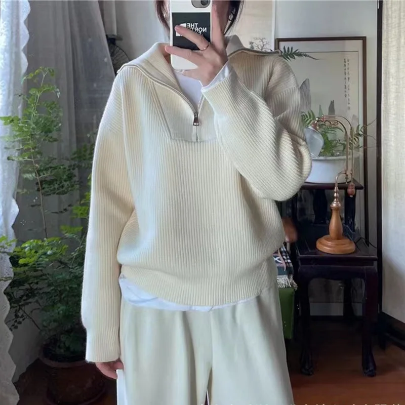 Women's Knitted Sweater Half Zipper Stand Collar Long Sleeve Polyester Fiber Blend Comfortable Lazy Style Top Loose Casual
Women's Knitted Sweater Half Zipper Stand Collar Long Sleeve Polyester Fiber Blend Comfortable Lazy Style Top Loose Casual