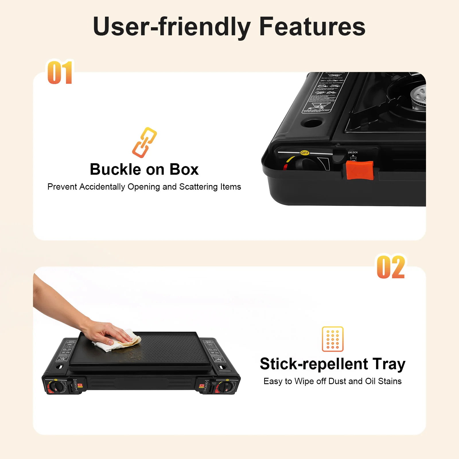 2-Burner Portable Camping Stove Propane Stove with Non-Stick Baking Tray Overpressure Protection for Outdoor Picnic BBQ RV
2-Burner Portable Camping Stove Propane Stove with Non-Stick Baking Tray Overpressure Protection for Outdoor Picnic BBQ RV