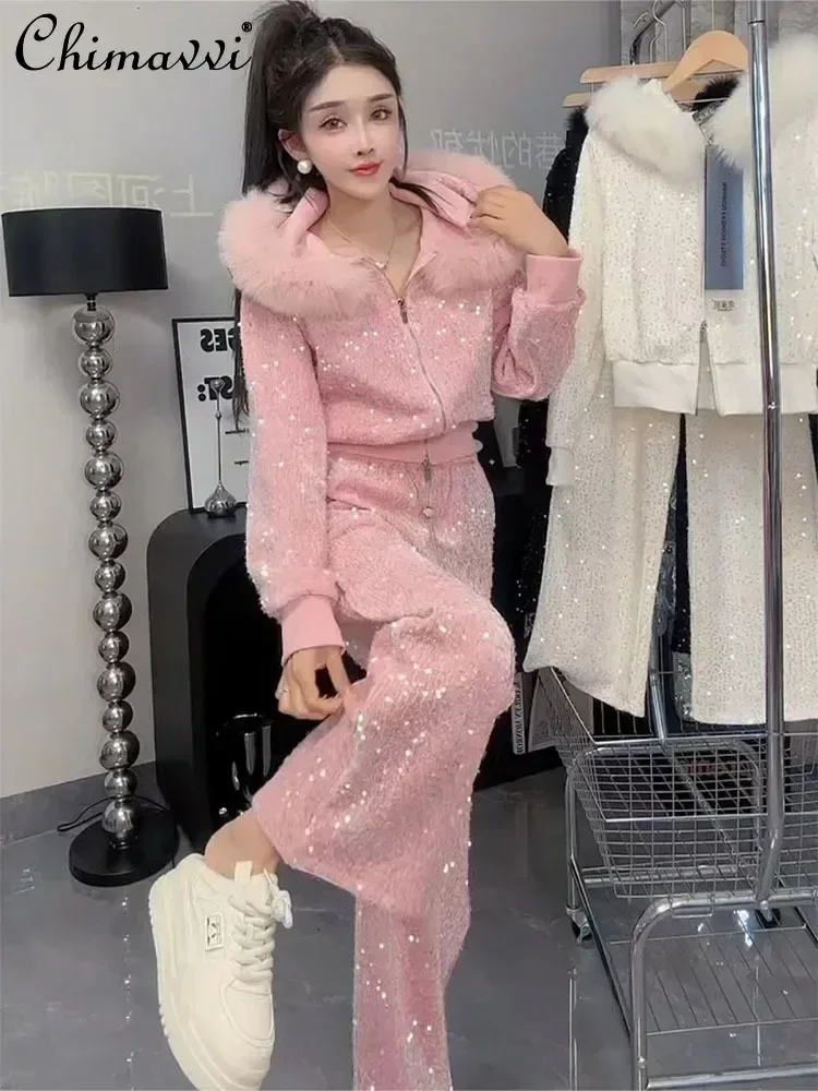 Fashion Velvet Casual Suit Winter Clothes New Sweet Sequins Hooded Fur Collar Sweatshirt Wide Leg Pants Ladies Two-Piece Set
Fashion Velvet Casual Suit Winter Clothes New Sweet Sequins Hooded Fur Collar Sweatshirt Wide Leg Pants Ladies Two-Piece Set