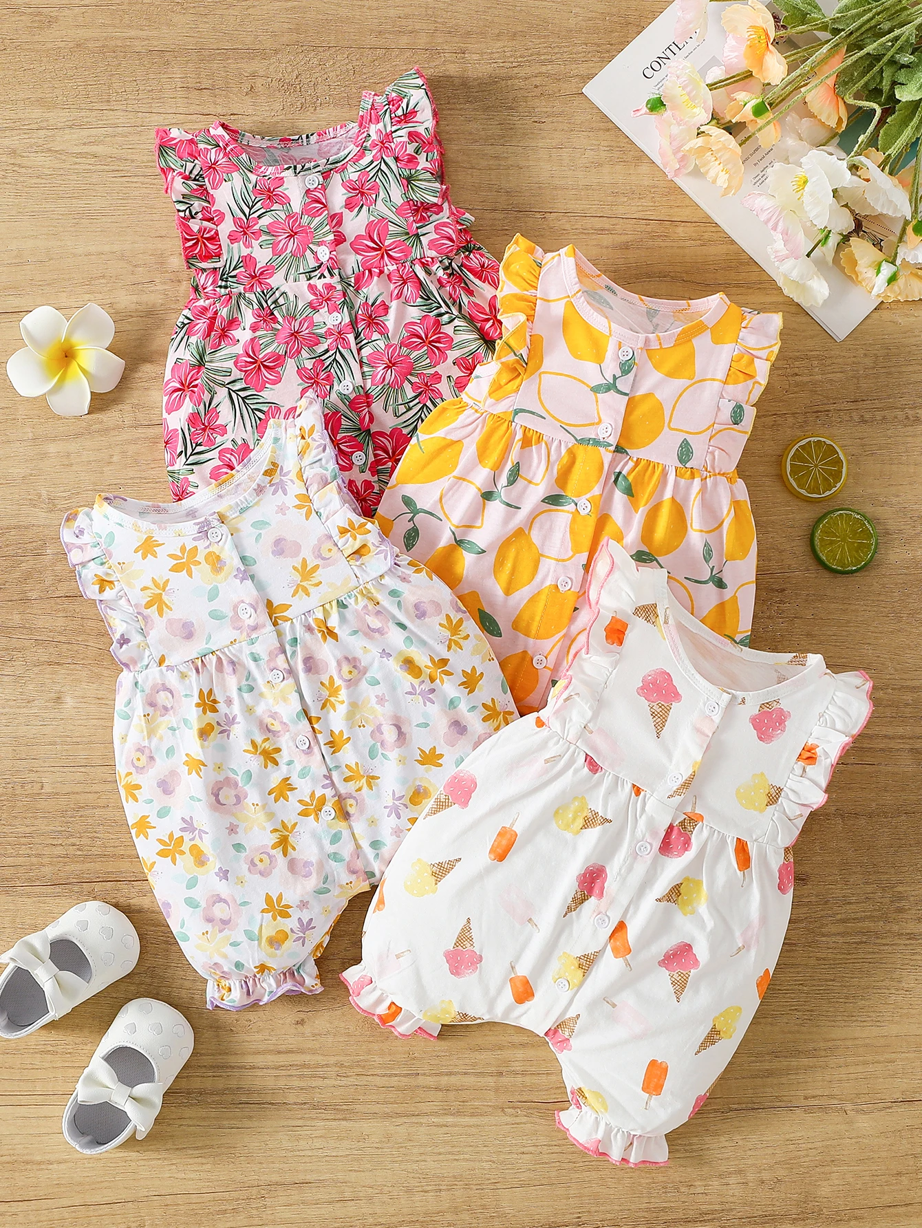 4-Piece Set of Newborn Baby Girl Buckle-Style Romper with Butterfly Sleeves, Summer Short-Sleeve Bodysuit
4-Piece Set of Newborn Baby Girl Buckle-Style Romper with Butterfly Sleeves, Summer Short-Sleeve Bodysuit