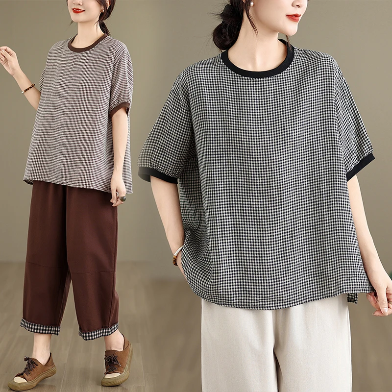 Корейский стиль: комплект из хлопка и льна для женщин больших размеров, весна-лето, футболка с клетчатым принтом, широкие брюки, комплект из двух предметов
Корейский стиль: комплект из хлопка и льна для женщин больших размеров, весна-лето, футболка с клетчатым принтом, широкие брюки, комплект из двух предметов