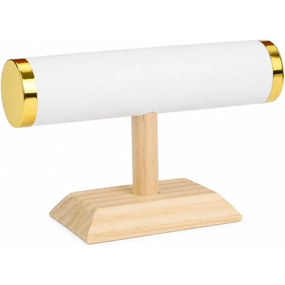 9 Inch White PU T-Bar Stand with Gold Ends for Bracelet Display, 1-Tier Organizer on Natural Pine Base
9 Inch White PU T-Bar Stand with Gold Ends for Bracelet Display, 1-Tier Organizer on Natural Pine Base