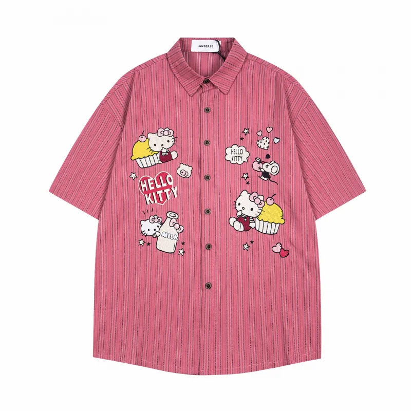 MAQVOB Top Quality EU US Size Summer American Retro Style KT Cat Heavy Embroidery Unisex Loose Striped Short Sleeve Shirt
MAQVOB Top Quality EU US Size Summer American Retro Style KT Cat Heavy Embroidery Unisex Loose Striped Short Sleeve Shirt