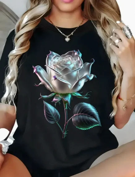 Plus - Size Silver Rose Graphic Tee, Black Short - Sleeve with Colorful Gradient Rose Print
Plus - Size Silver Rose Graphic Tee, Black Short - Sleeve with Colorful Gradient Rose Print