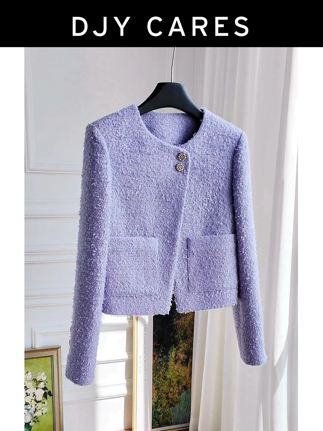 New Coarse tweed diagonal placket short jacket
New Coarse tweed diagonal placket short jacket