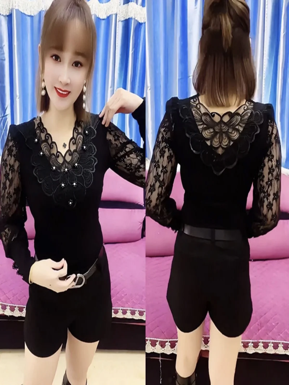Spring Summer New Long Sleeve Versatile Base Shirt Fashion V Neck Splicing Base Top Anti Aging Slimming Trendy Lace Shirt
Spring Summer New Long Sleeve Versatile Base Shirt Fashion V Neck Splicing Base Top Anti Aging Slimming Trendy Lace Shirt