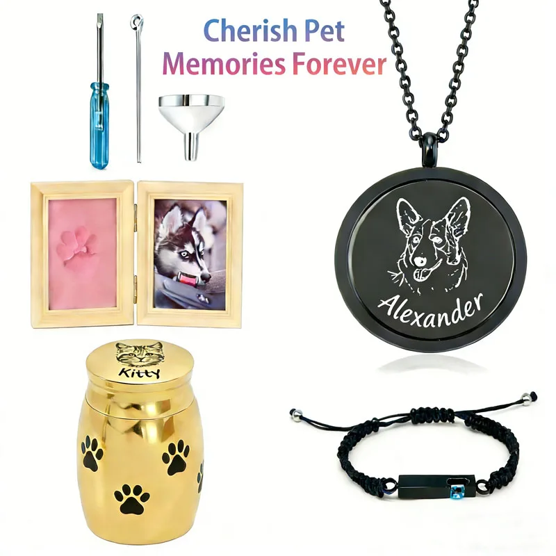 Pet Memorial Keepsake Box Set Custom Engraved Ashes Necklace Bracelet Paw Print Frame & Mini Urn for Dog Cat
Pet Memorial Keepsake Box Set Custom Engraved Ashes Necklace Bracelet Paw Print Frame & Mini Urn for Dog Cat