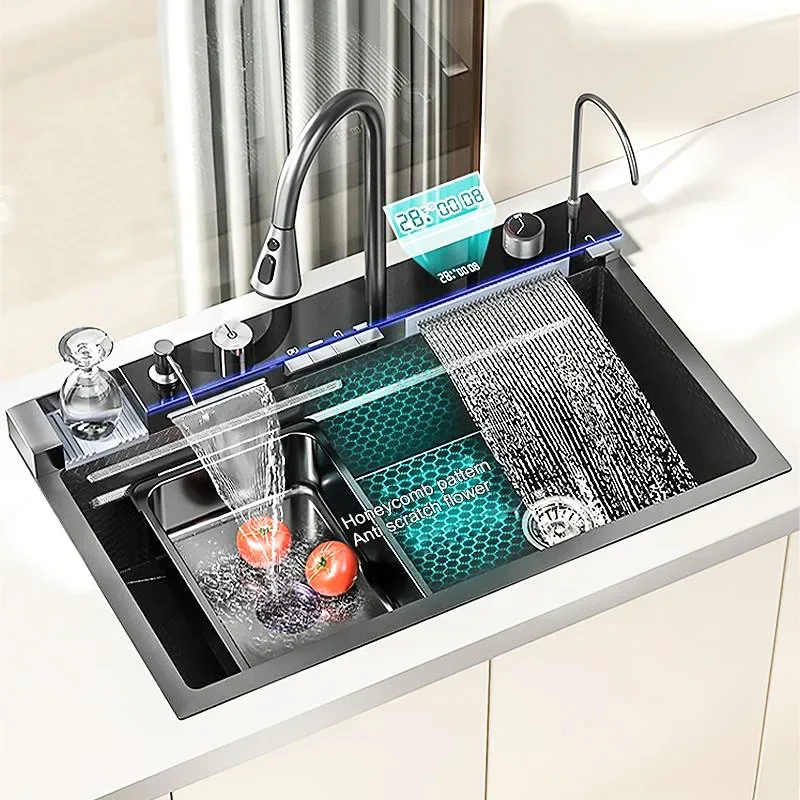 KAHNOS LED Digital Smart Waterfall Faucet 304 Stainless Steel Multifunction Large Single Bionic Wash Basin Modern Kitchen Sink
KAHNOS LED Digital Smart Waterfall Faucet 304 Stainless Steel Multifunction Large Single Bionic Wash Basin Modern Kitchen Sink