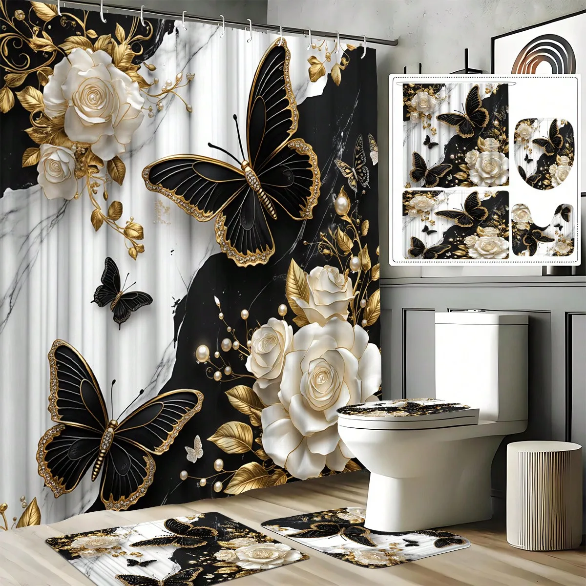 1/4pcs Shower Curtain Set include 12 hooks, a bathroom rug, a U-shaped toilet seat cover, and a toilet lid cover Bathroom Set
1/4pcs Shower Curtain Set include 12 hooks, a bathroom rug, a U-shaped toilet seat cover, and a toilet lid cover Bathroom Set