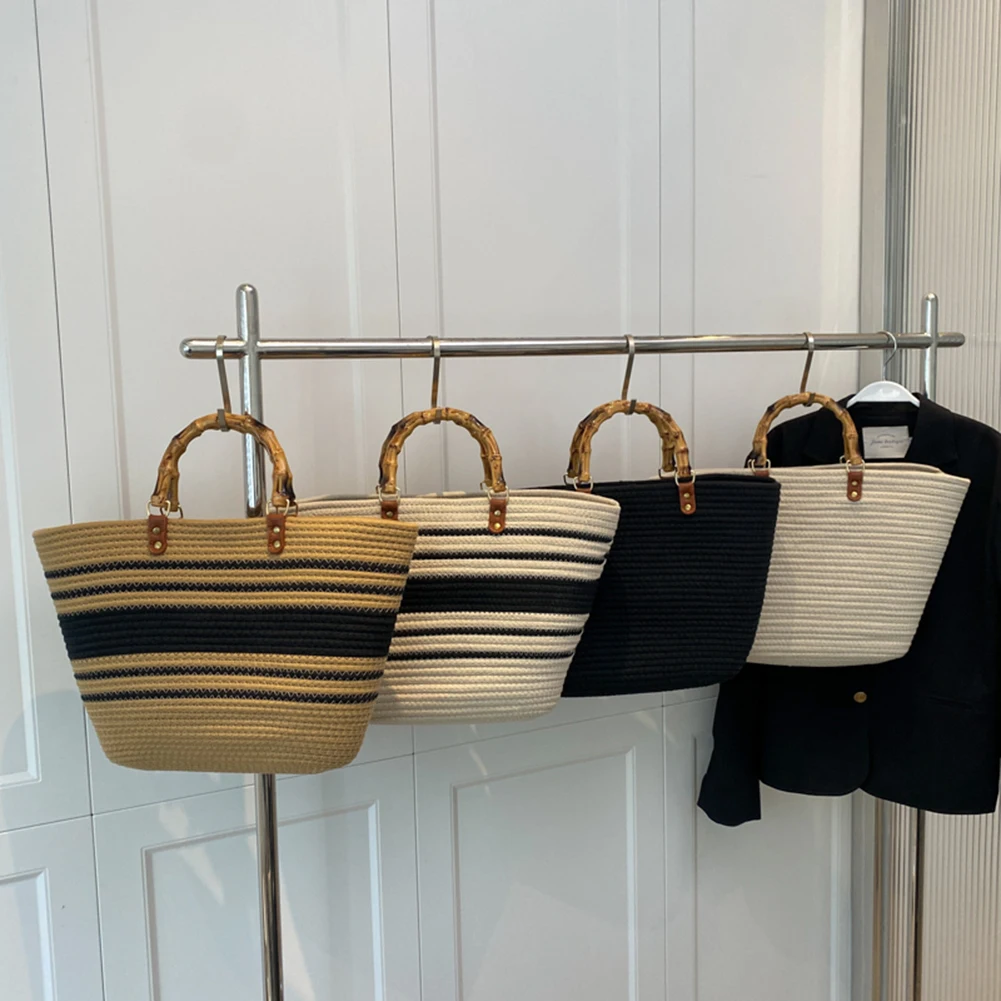 Ladies Woven Tote Bamboo Handle Shopping Tote Bag Large Capacity Striped Portable Casual Fashion Exquisite for Seaside Party
Ladies Woven Tote Bamboo Handle Shopping Tote Bag Large Capacity Striped Portable Casual Fashion Exquisite for Seaside Party