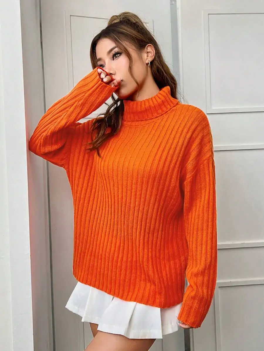 Orange Ribbed Turtleneck Drop Shoulder Sweater For Women Fall Winter
Orange Ribbed Turtleneck Drop Shoulder Sweater For Women Fall Winter