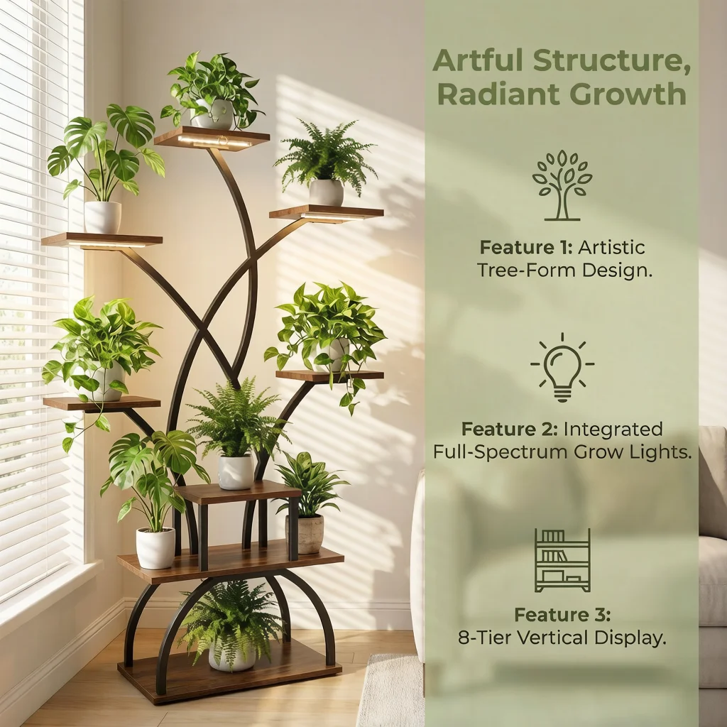 Indoor Plant Stand with Grow Light, 8-tier Indoor Shelving Unit, Multi-functional Metal Display Stand, Suitable for Plants, Decorations, Photo Frames Etc., Branch-shaped Shelf for Living Room, Plant Room, Balcony, Terrace, Entrance (Without Adapter)
Indoor Plant Stand with Grow Light, 8-tier Indoor Shelving Unit, Multi-functional Metal Display Stand, Suitable for Plants, Decorations, Photo Frames Etc., Branch-shaped Shelf for Living Room, Plant Room, Balcony, Terrace, Entrance (Without Adapter)