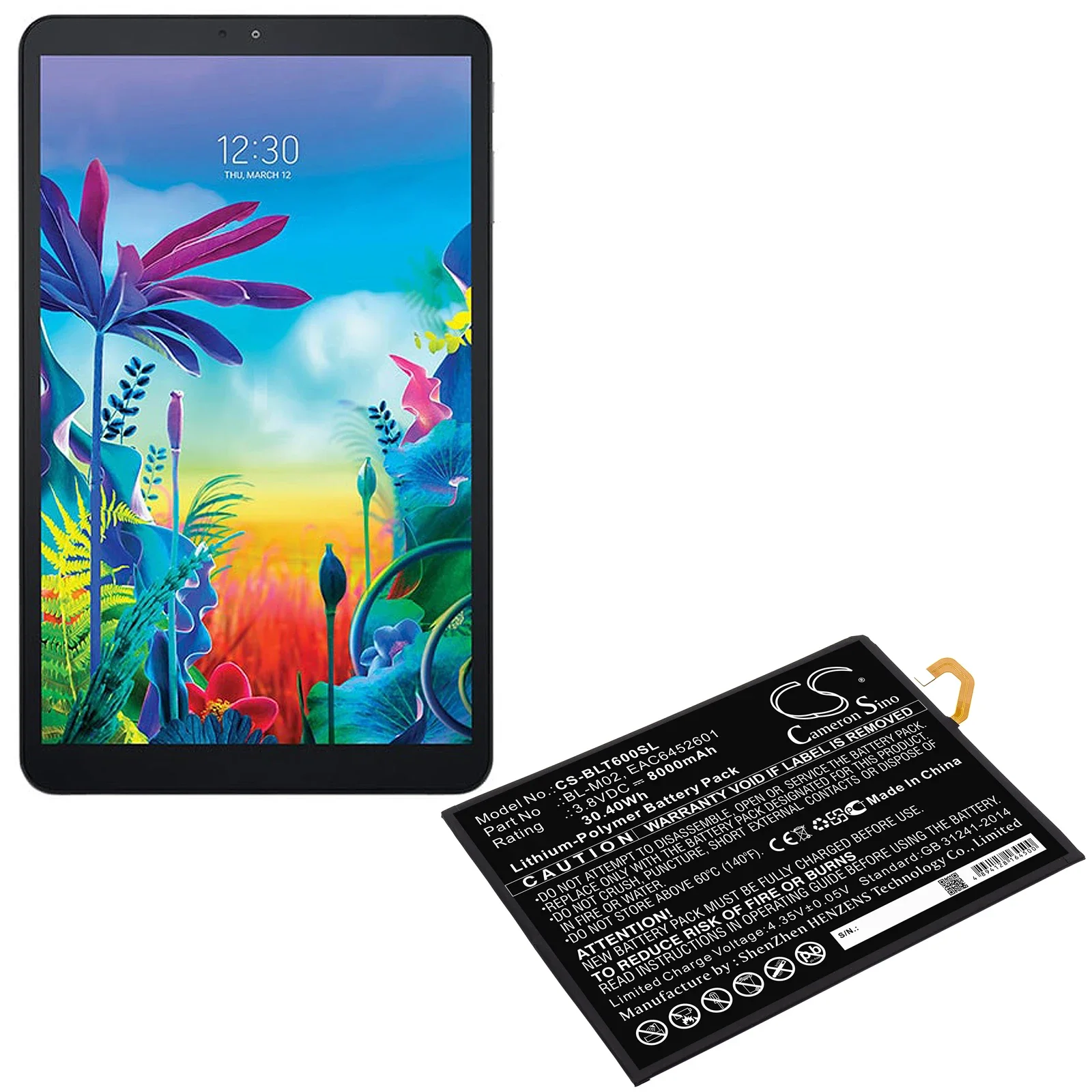 Tablet Battery For LG BL-M02 EAC6452601 G Pad 5 10.1 FHD LM-T600L LM-T600QS LM-T600VS LM-T600TS Volts 3.8 Capacity: 8000mAh
Tablet Battery For LG BL-M02 EAC6452601 G Pad 5 10.1 FHD LM-T600L LM-T600QS LM-T600VS LM-T600TS Volts 3.8 Capacity: 8000mAh