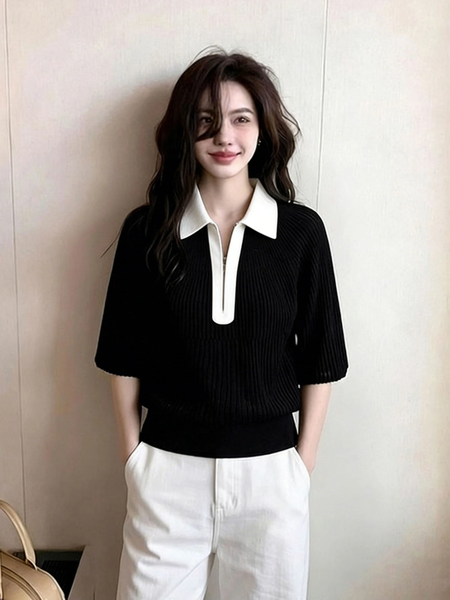 Spring Summer Unique Short Sleeve Knitted Shirt Color Block Collar Design Casual Versatile Korean Style Women's Fashion Top
Spring Summer Unique Short Sleeve Knitted Shirt Color Block Collar Design Casual Versatile Korean Style Women's Fashion Top