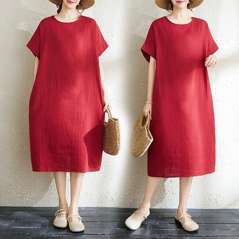 Summer New plus Size Women's Knee-Length Short-Sleeve Double-Layered Red Dress Artistic Style City Walk Cotton Blend Dress
Summer New plus Size Women's Knee-Length Short-Sleeve Double-Layered Red Dress Artistic Style City Walk Cotton Blend Dress