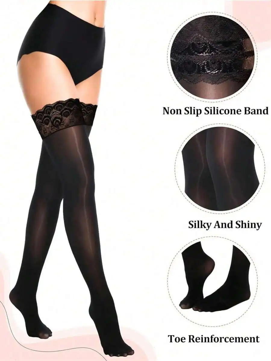 Women Thigh High Stockings With Lace Silicone Non-Slip Band Shiny Over The Knee
Women Thigh High Stockings With Lace Silicone Non-Slip Band Shiny Over The Knee