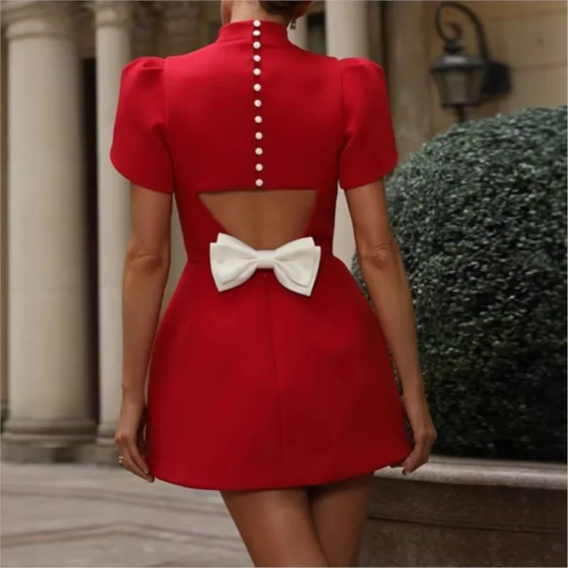 Elegant Chic Hollow Out Bow Royal Style Mini Dress Women Short Sleeve O-neck Mock Neck Short Dresses 3d Bow A Line Party Robes
Elegant Chic Hollow Out Bow Royal Style Mini Dress Women Short Sleeve O-neck Mock Neck Short Dresses 3d Bow A Line Party Robes