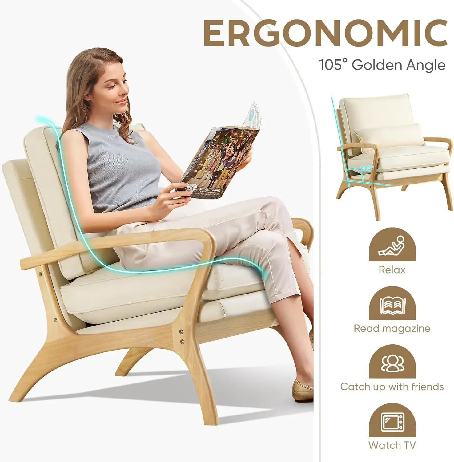 Mid-Century Modern Accent Chair Set of 2 with Lumbar Pillow, 6.3" Thick Soft Cushion Chairs Upholstered Linen Fabric Wood
Mid-Century Modern Accent Chair Set of 2 with Lumbar Pillow, 6.3" Thick Soft Cushion Chairs Upholstered Linen Fabric Wood