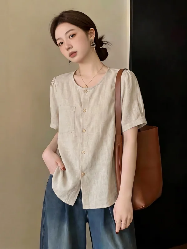 Slim Fit Cotton Linen Short Sleeve Shirt Women's Summer New Style Lazy Style Top Large Size plus Size round Neck Commute Style
Slim Fit Cotton Linen Short Sleeve Shirt Women's Summer New Style Lazy Style Top Large Size plus Size round Neck Commute Style