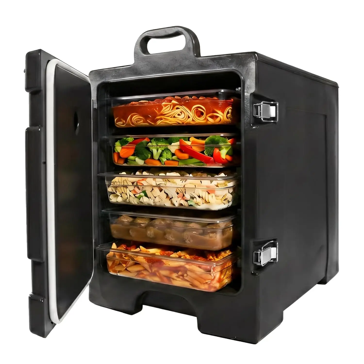 85 qt Insulated Food Pan Carrier for 5 Full-Size Pans, End-Loading Stackable Hot Box Food Warmer with Stainless Steel Latches, Black
85 qt Insulated Food Pan Carrier for 5 Full-Size Pans, End-Loading Stackable Hot Box Food Warmer with Stainless Steel Latches, Black
